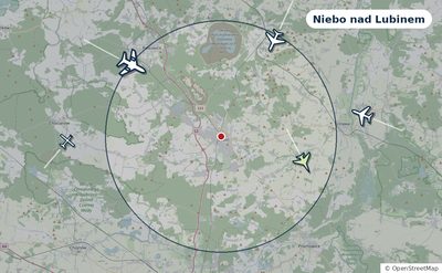 Mapa okolic miasta z sylwetkami samolotów — Niebo nad Lubinem